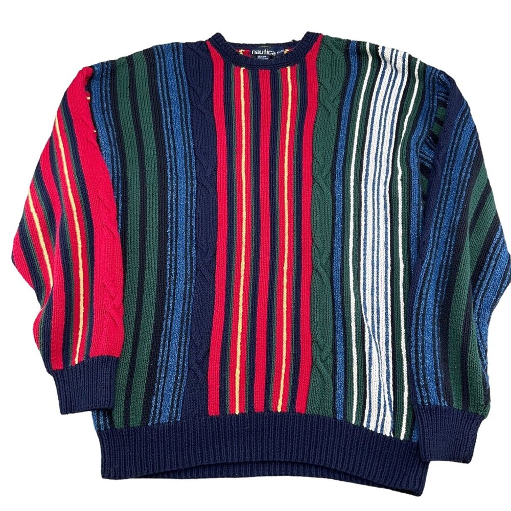 Nautica Sweater Men‎ XLarge Blue Red Stripe Hand Knit Cable Cotton Retro VTG